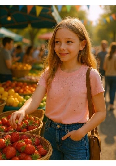 Zekids Kız Çocuk Taş İşlemeli Pamuklu T-shirt-16310 Pudra