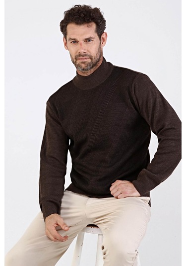 Çizgi Triko Erkek Çelik Örgü Yarım Balıkçı Triko Kazak 4609B Kahv Kahverengi