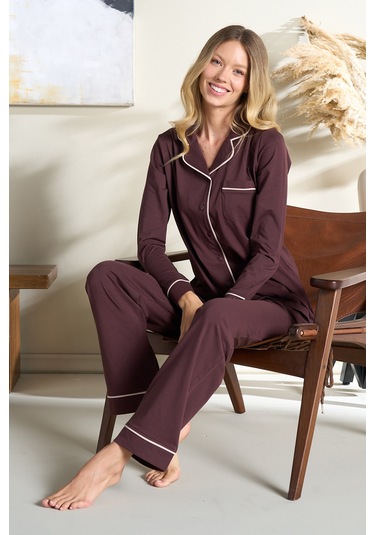 Kadın Interlok Penye Uzun Kol Pijama Takımı 3106 Kahverengi Kahverengi