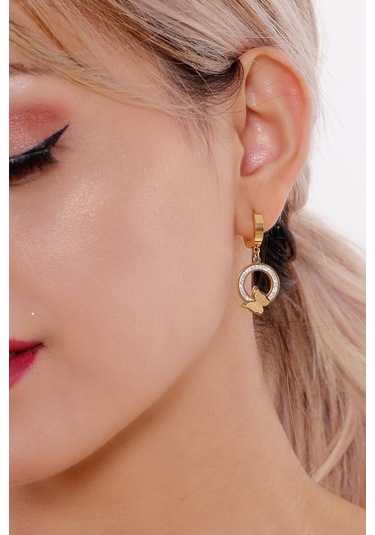 Bhs Life Taş Detaylı Kelebek Figürlü Detaylı Çelik Halka Kadın Küpe Gold Gümüş