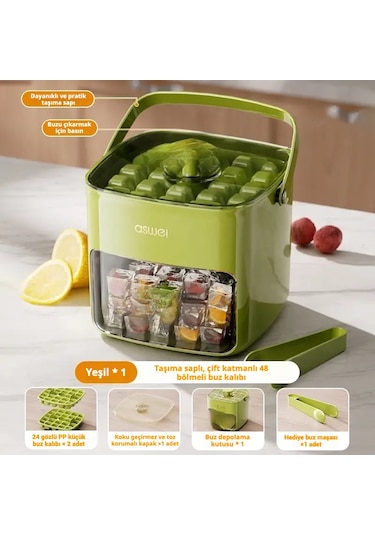 Snapbuy Büyük Kapasiteli Buz Kalıbı, 48 Bölmeli, Bastırmalı Pratik Tasarım, Ev Tipi Buzluk İçin Uygun Yeşil