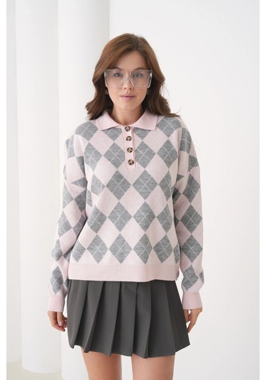 Kadın Polo Yaka Yarım Pat Düğme Detay Desenli Oversize Triko Kazak Açık Pembe