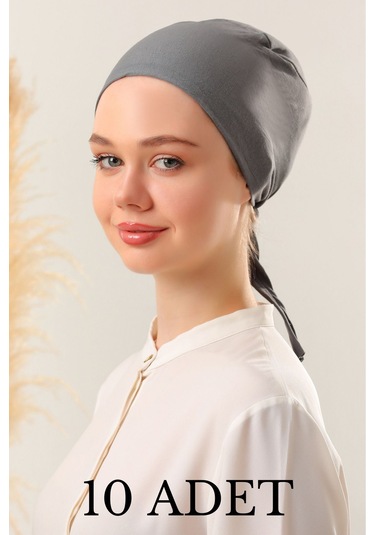 Kadın Tesettür Dikişli Set Bone Koyu Gri 10 Adet Bağlamalı Penye Bone Koyu Gri