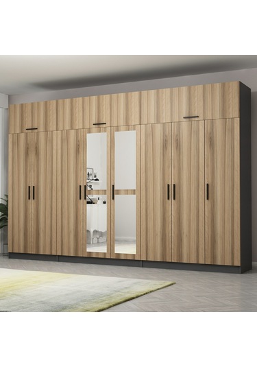 Minar Kale 8 Kapaklı 2 Aynalı 4 Ç Dolap Ve Yüklük Antrasit Dore 255cm Çok Renkli