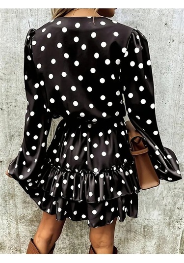 Kadın Uzun Kollu V Yakalı Belden Kuşaklı Puantiyeli Mini Modal Elbise Siyah