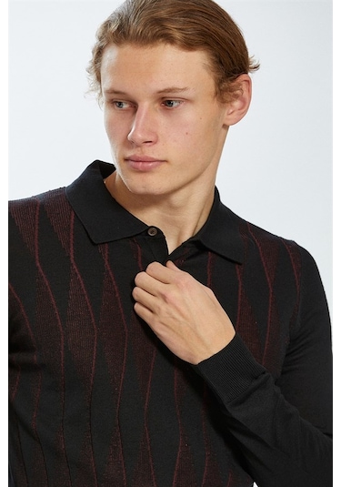 Ecer Polo Yaka Slim Fit Siyah-Bordo Erkek Kazak 72322223 Bordo - Siyah