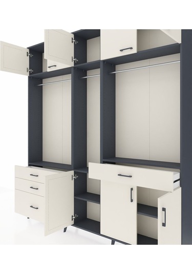 Arges Dolap 8 Raflı 4 Çekmeceli 3 Askılı 220x30x243 Antrasit-aytaşı/aytaşı Aytası/aytası