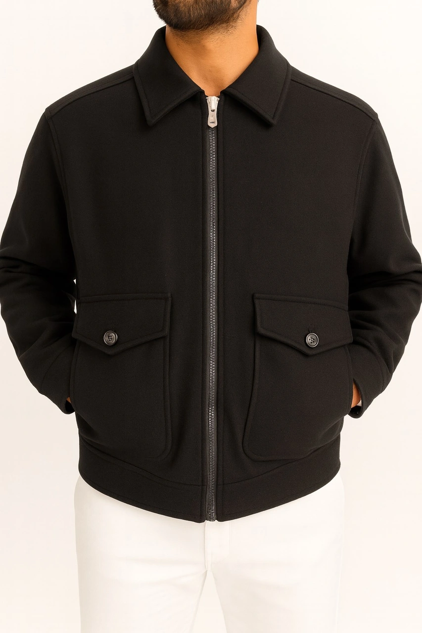 Erkek Oversize Kaşe Mont Siyah Kalın Kumaş Şık Kışlık Mont Siyah