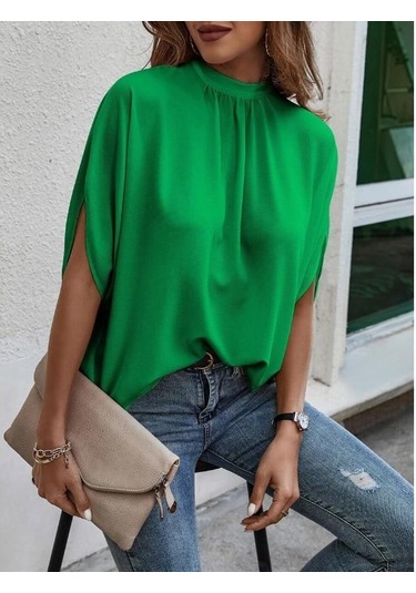 Yaz Dantel-up Leopar Baskı Batwing Kısa Kollu Bluz Zarif Gevşek Rahat Standı Yaka Gömlek Moda Şık Üstleri Kadın 25320 Yeşil