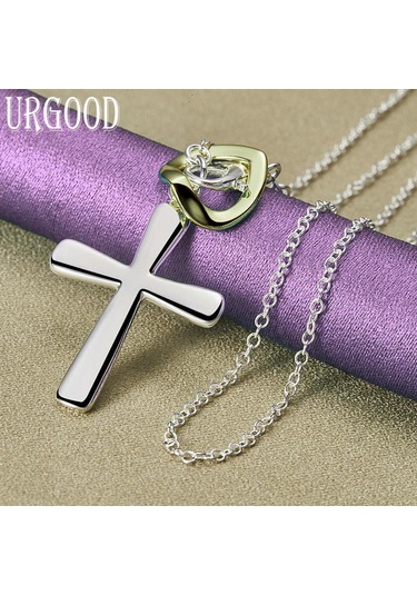 925 Ayar Gümüş Kalpli Haç Kolye Kolye Takı