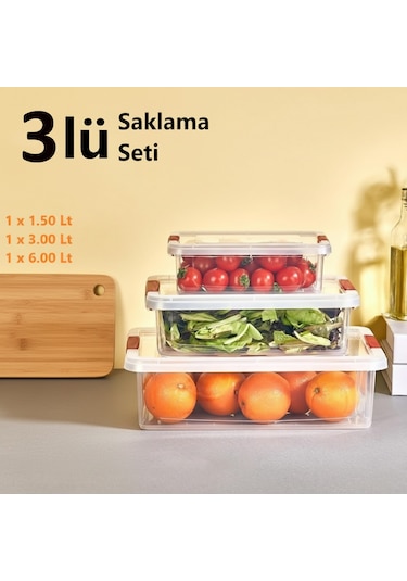 Kapris 3lü Çok Amaçlı Dikdörtgen Erzak Saklama Kabı Kilitli Org-465 Şeffaf