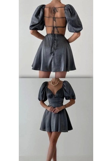 Olla Collection Sırt Detaylı Mini Elbise Siyah Gri