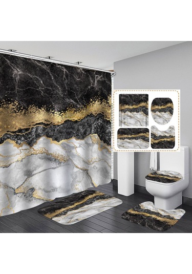 Youtek 4 Parça Lüks Mermer Desenli Banyo Seti - Su Geçirmez Perde, Paspas Ve Klozet Kapağı 12 Askı Dahil Diğer
