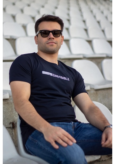 Erkek Lacivert Invisible Yazı Baskılı Basic Kısa Kollu Bisiklet Yaka Tişört 20etshyunz 001