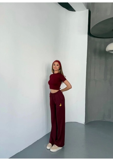 Reka Moda Osy Modal Yumuşak Dokulu Kumaş Nakış Işlemeli Rahat Bol Paça Eşofman Pantalon - Bordo Bordo