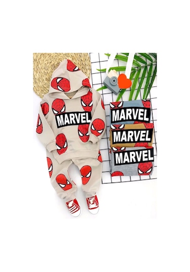 9-12-18-24 Ay Kapşonlu Örümcek Adam Baskılı Uzun Kollu 3lü Kız Erkek Bebek Takımı Hardal HARDAL