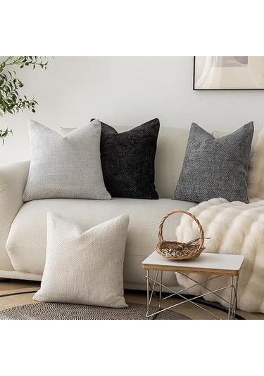 Suofeng 4'lü Kuru İğne Chenille Yastık Kılıfı Seti - 45x45 Cm, Bej-gri-siyah, Yumuşak Dokulu, Koltuk-yatak Dekorasyonu, Ev İçi Isı Verir Krem - Gümüş Gri - Koyu Gri - Siyah