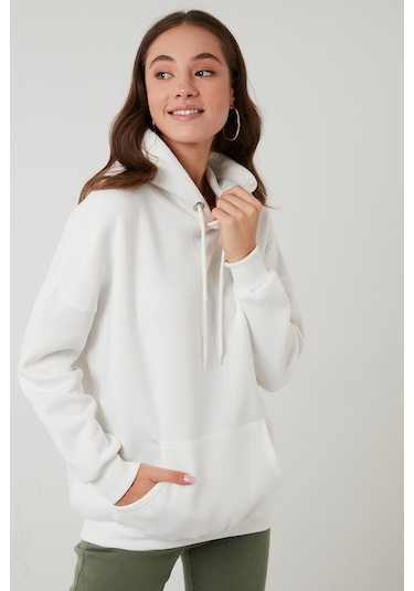 Lela Regular Fit Pamuklu Kapüşonlu Yaka Şardonlu Kışlık Bayan Sweat 5863854 Ekru