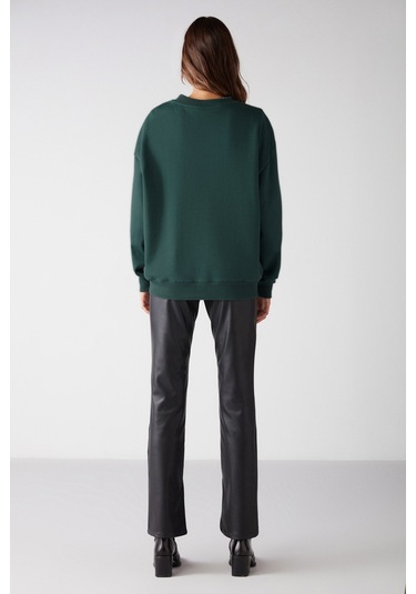 Susana Kadın Bisiklet Yaka Içi Polarlı Oversize Fit Basic Koyu Yeşil Sweatshirt