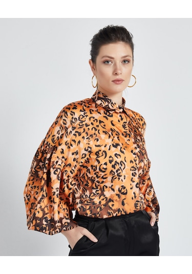 Kadın Leopar Desenli Gömlek - Balon Kol - Saten - Modern Ve Şık Tasarım - Günlük Ve Özel Gün Kullanımı İçin Gömlek Orange