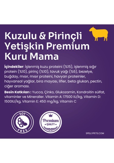 Spelly Premium Kuzu & Pirinçli Yetişkin Köpek Maması 7 KG