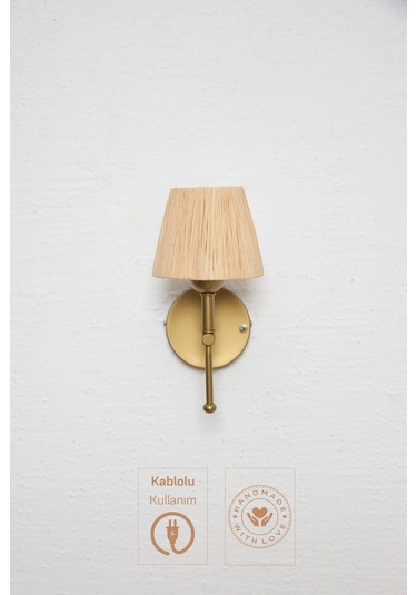 Rafya Saçaksız Bohem Hasır Kablolu Duvar Aydınlatması Aplik - Alt Eskitme Gold Krem