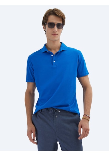 Kip Saks Düz Polo Yaka %100 Pamuk T-shirt Saks