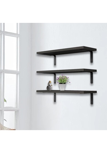 Suntek 3 Adet Duvara Monte Ahşap Yüzer Raflar Banyo Siyah