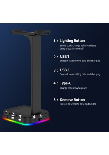Pazly Rgb Bilgisayar Standı Kulaklık Tutucu, 2'li Hub, Usb Şarj, Çıkarılabilir Askılı, Oyuncu Kulaklık
