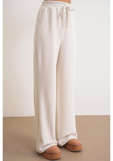 4757 Kadın Lastikli Bol Paça Örme Dökümlü Selanik Pantalon Taş Taş