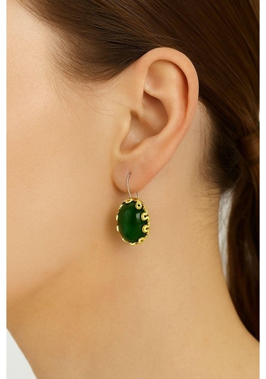 Lale Serisi El İşi Yeşil Akik Taşlı Gümüş Kadın Küpe Gümüş