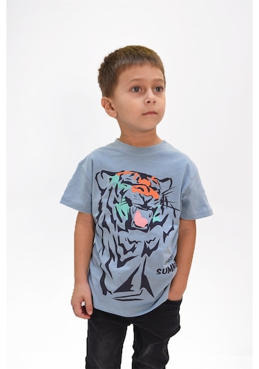 Luess Erkek Çocuk Kaplan Baskılı Tshirt-mavi Mavi