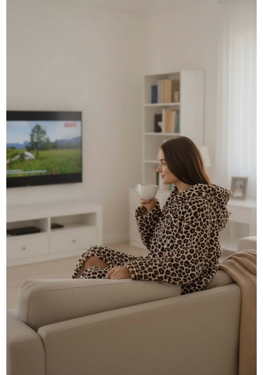 Serona Wellsoft Peluş Kapüşonlu Uzun Panço Yumuşak Dokulu Giyilebilir Tv Battaniyesi Leopar S/m Leopar