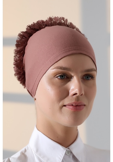 Kadın Fırfırlı Güpürlü Tesettür Topuz Bone - Gül Kurusu Gülkurusu