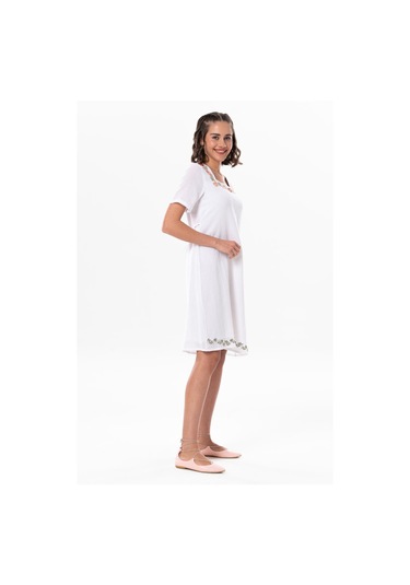 Kısa Kol Şile Bezi Kare Yaka Narin Kısa Yazlık Elbise Beyaz Byz-beyaz