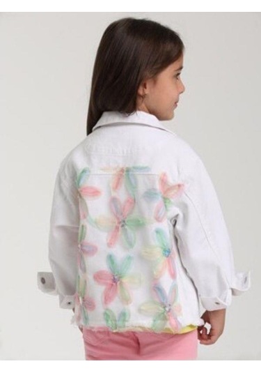 Kız Çocuk Çiçek Desenli Kot Ceket-15633 Beyaz