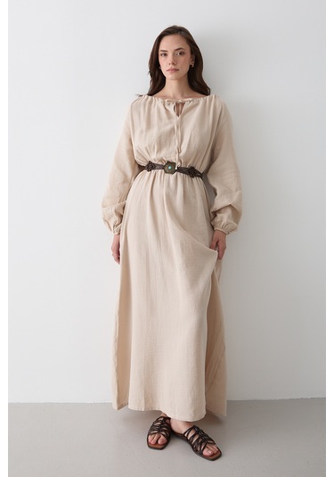Natural Bağlama Detaylı Müslin Elbise - 2004 Natural