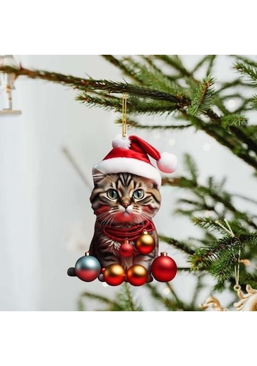 Canlı Renk Süper Sevimli Araba Kedi Santa Charm Akrilik Şapka Yavru Noel Ağacı Asılı Dekorasyon H