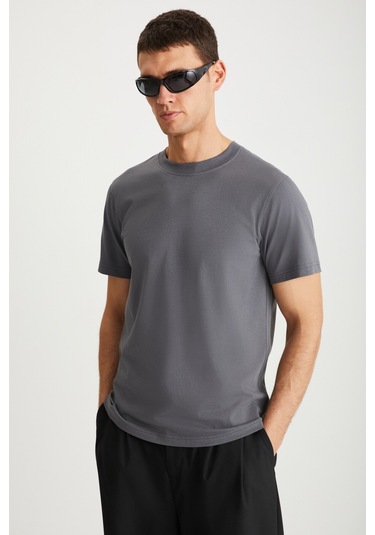 Mıchel Erkek Slim Fit Dar Kesim %100 Organik Pamuklu Yana Kayan Dikişli Basic Örme Koyu Gri T-shirt