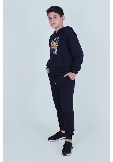 Fyk Kids Kapüşonlu Kanguru Cepli Erkek Çocuk Eşofman Takımı Lacivert