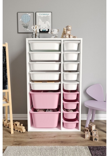 %100 Mdf - Xl Duo 16 Sepetli Oyuncak Dolabı Pembe