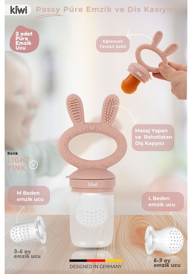 Kiwi Passy Püre Emzik ve Diş Kaşıyıcı Bebek Meyve Süzgeci+Buz Kalıbı - Rose Pink
