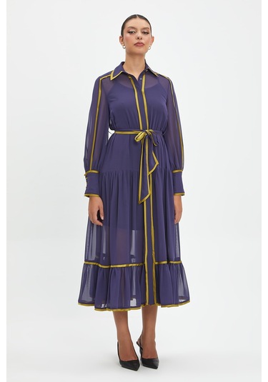 Şifon Ve Bağcıklı Midi Boy Elbise - Kontrast Şerit Detaylı - Günlük Ve Özel Günlük Şıklık Mor