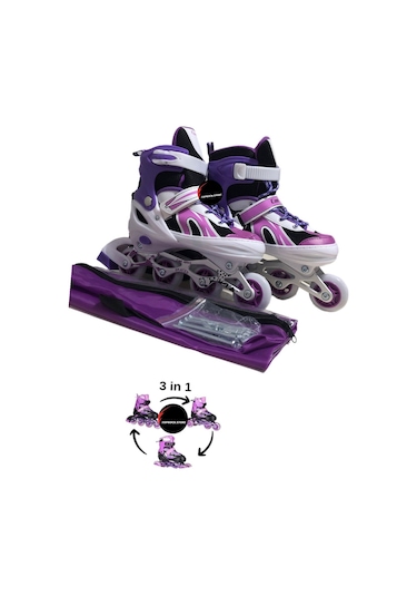 Işıklı Çocuk Pateni Silikon Ayarlanabilir Teker Metal Gövde Numaralı Çantalı 3 In 1 Mor
