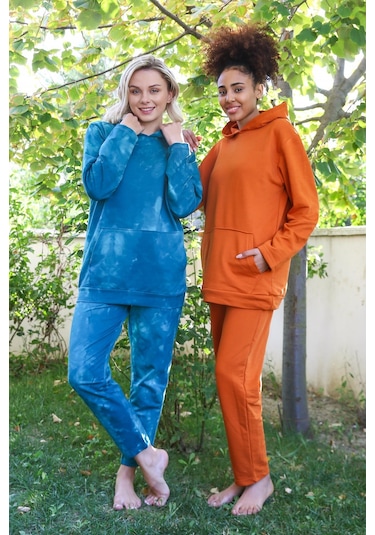 Akbeniz Kadın Pamuk Kapşonlu Cepli 3 İplik Turkuaz Eşofman Takım 9037-turkuaz Turkuaz