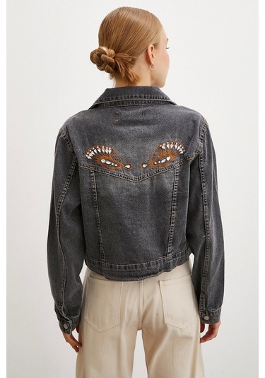 Never More Sırtı Nakışlı Kot Mont Antirasit Antrasit