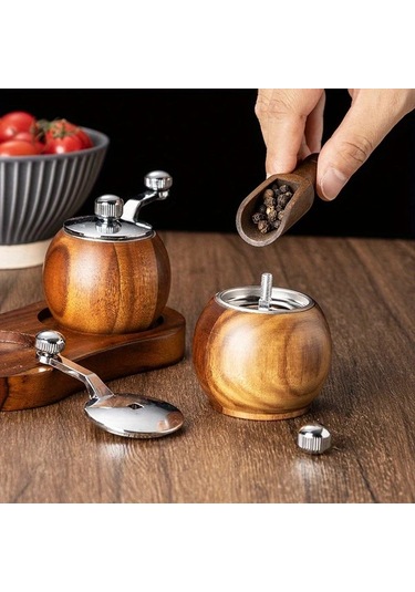 Honeybeeshop 2 Adet Ahşap El Değirmeni İki Set Taban İle El Kolu Deniz Tuzu Biber Makinesi Ayarlanabilir Kalınlık Restoran Mutfak Aletleri