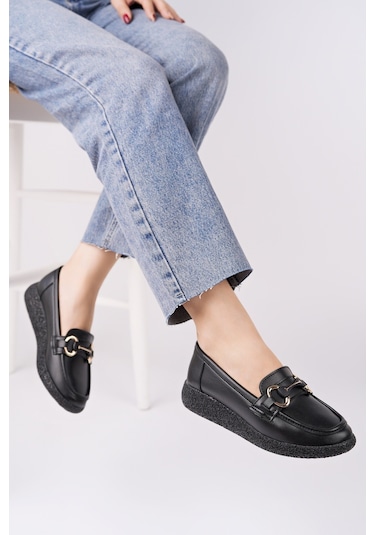 Muggo Polara Kalın Taban Toka Detaylı Kadın Günlük Loafer Ayakkabı Siyah Muggo Polara Kalın Taban Toka Detaylı Kadın Günlük Loafer Ayakkabı Siyah