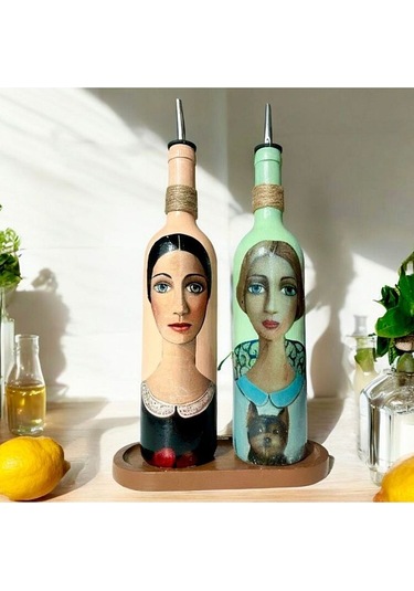 Kadın Desenli 750 Ml Zeytinyağı Sıvıyağ Şişesi Yağdanlık Yağlık Sirkelik Sosluk 2'li Set 56889110 Çok Renkli