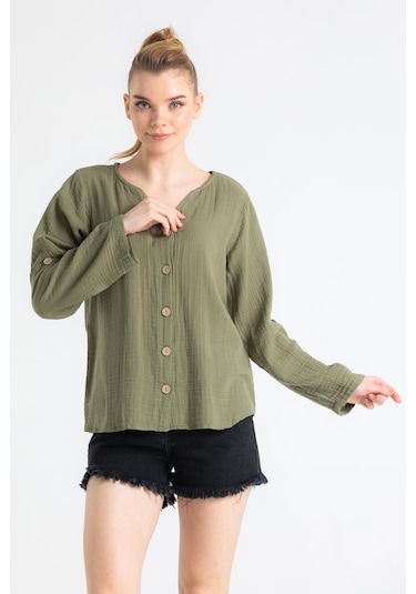 Uzun Kol Müslin Sedef Gömlek Haki Hk-haki Haki